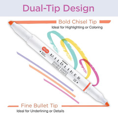 Mildliner Dual-Tip Highlighter Marker Set, Broad and Fine Point Tips, No Bleed,