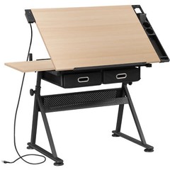 Natural Drafting Table & Stool Se Adjustable Height W/ Drawers & Charge Station