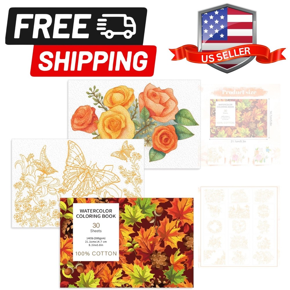 30 Sheets Watercolor Coloring Book, A5 8.3 x 5.8 Watercolor Workbook, 140 lb/…