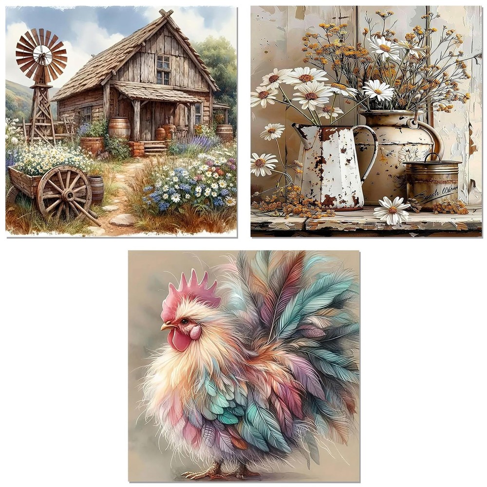 Ekuxom 3 Pack Diamond Art Kits for Adults – 14x14in (35x35cm), Farmhouse