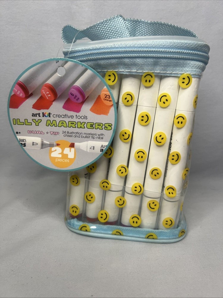 ART 101 Illy Markers Set of 24 Colors with Dual Tips & Smiley Case Kids & Adults