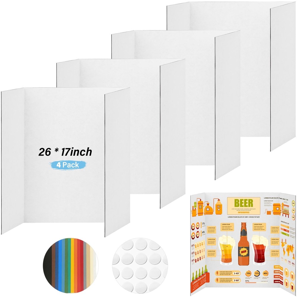4 Pcs Trifold Poster Board, 26×17 inches White Poster Board Comes with Sticky…