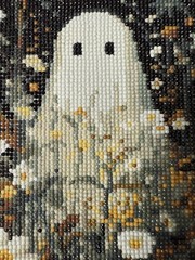 Adorable Ghost in Field of Flowers 5D Diamond Drill Dot Art Paint Kit Cute Sprin