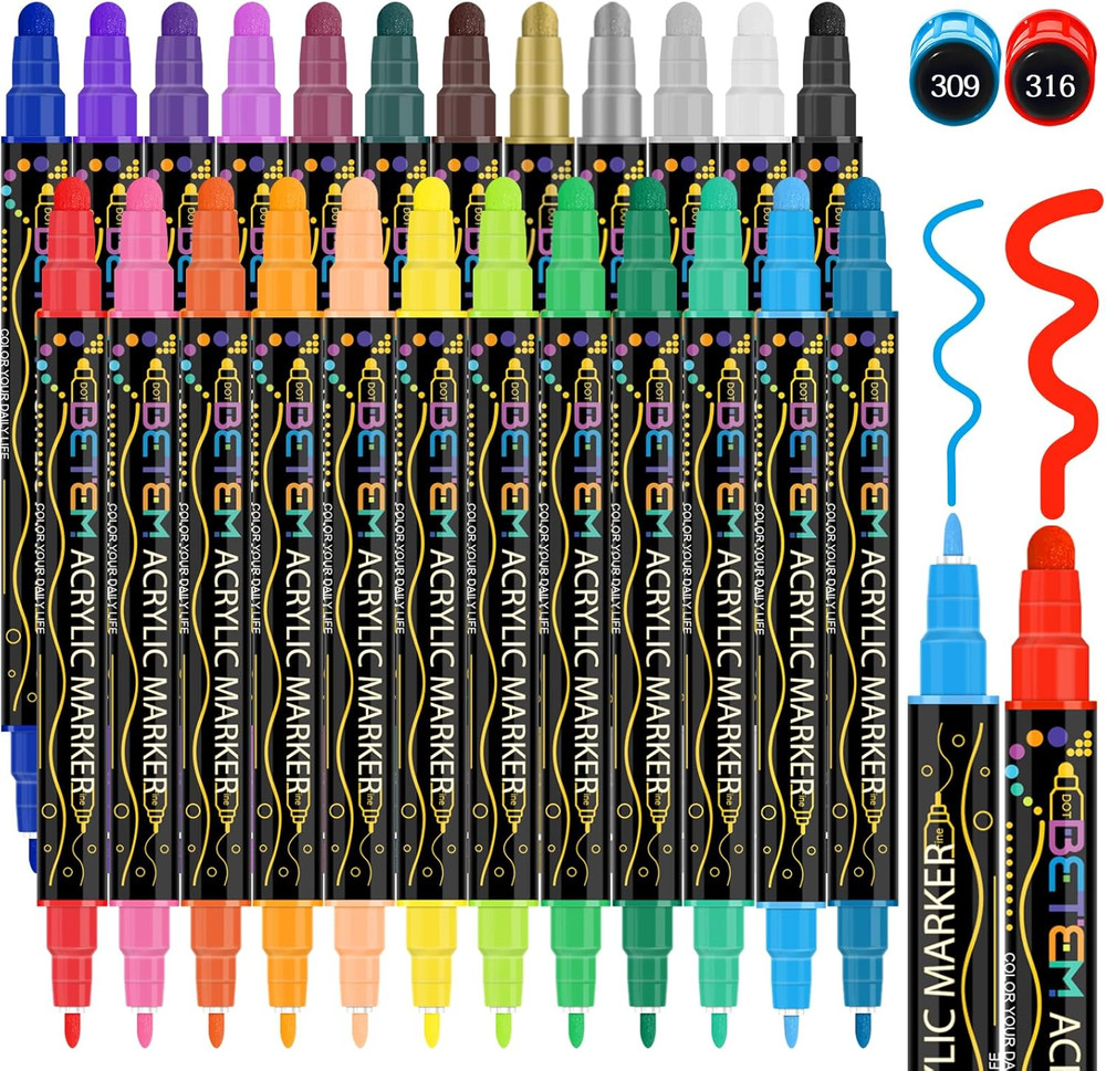 Betem 24 Colors Dual Tip Acrylic Paint Pens Markers, Premium Acrylic Paint Pens