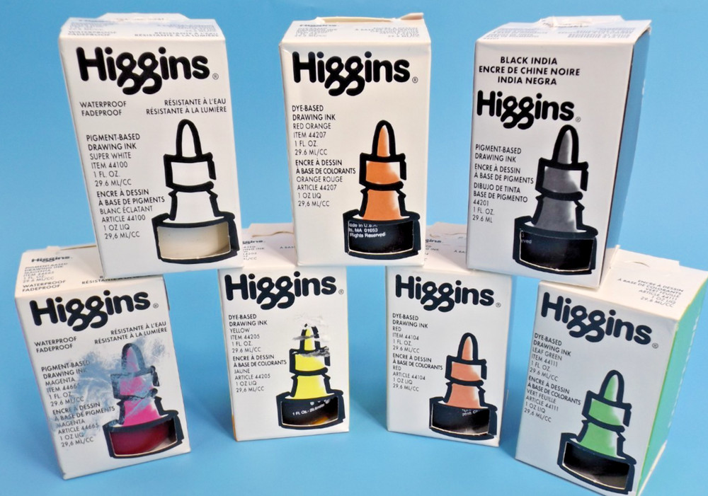 Higgins Pigment-Based Waterproof Drawing Ink 1 fl oz ea. – Set of 7 colors !
