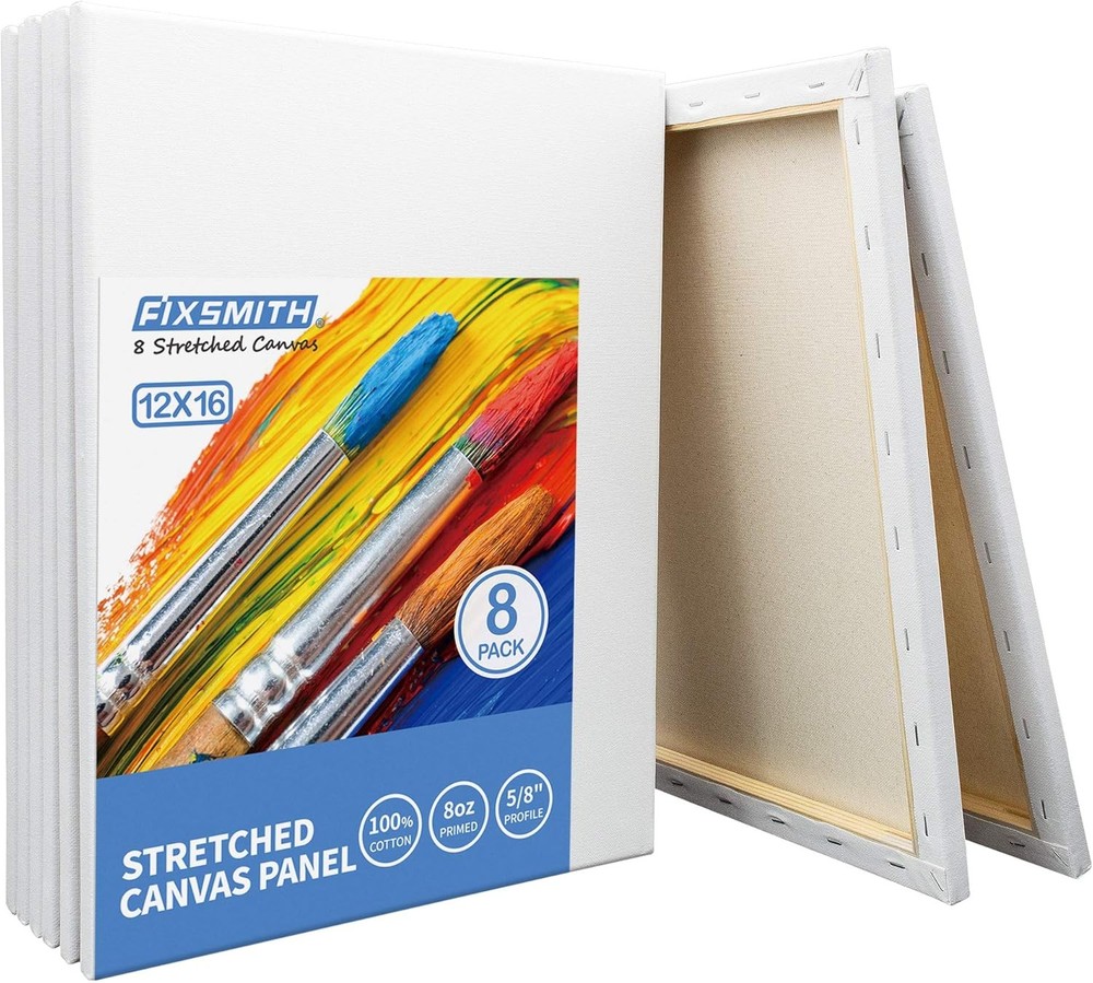 Stretched White Blank Canvas – 12 x 16 Inch, Bulk Pack of 8, Primed, 100% Cotton