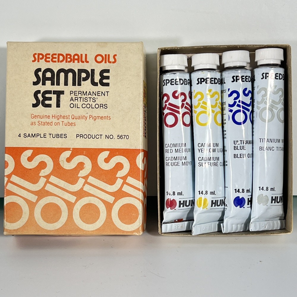 VTG Speedball Oils Artist Paints Hunt Mfg 5670 Sample Set Orig Box 4 Color Tubes