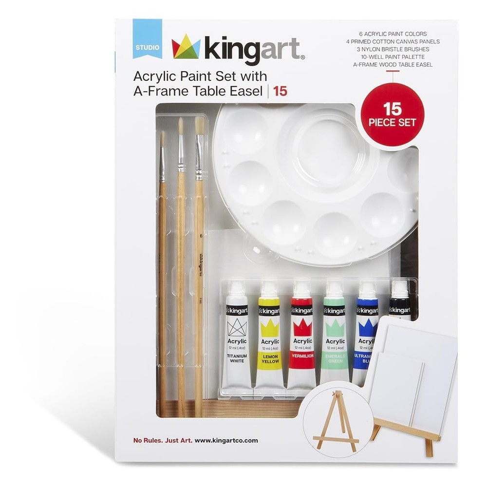 15-Piece Artist Painting Set with 6 Vivid Acrylic Paint Colors, 12″ Easel, 4 …
