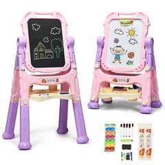 Height Adjustable Kids Art Easel Magnetic Double Sided Board w/ Accessories Pink