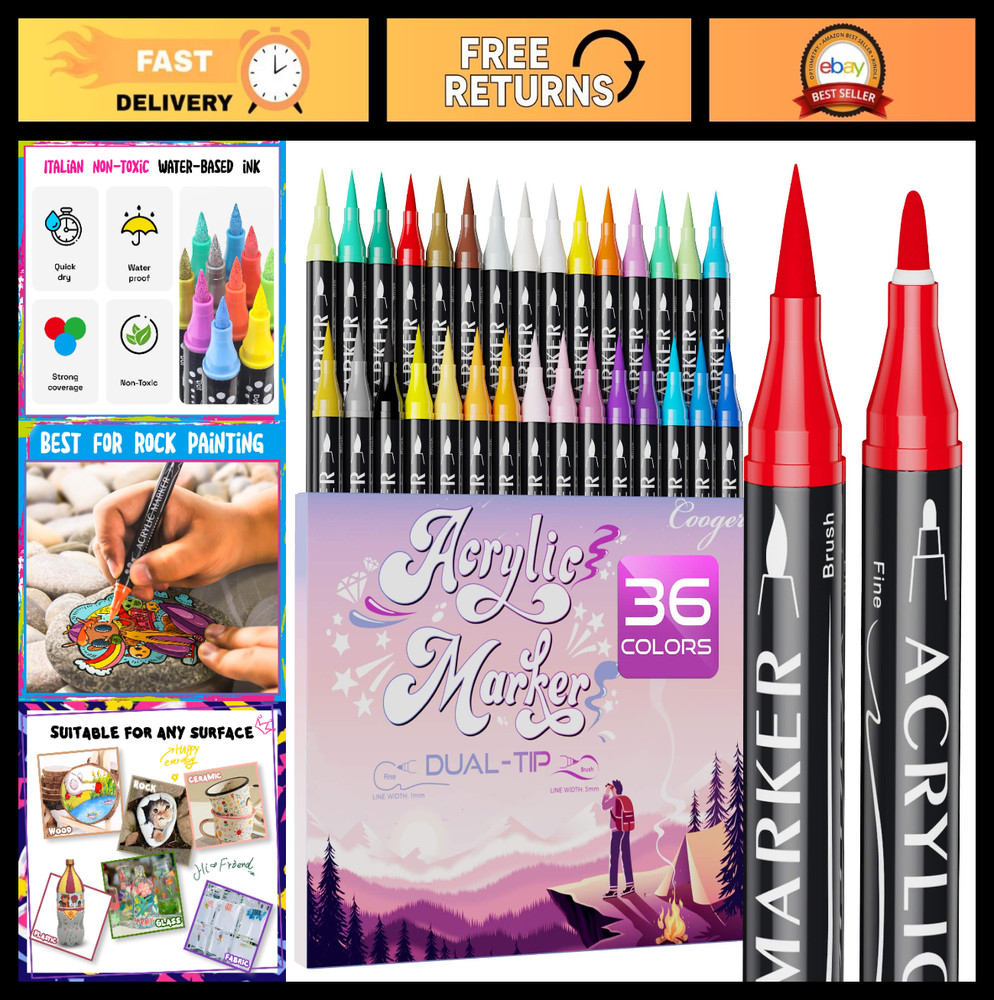 36 Colors Dual Tip Acrylic Paint Markers – Fine & Brush Tips for Rock, Canvas, W