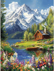 Mountain Paint by Numbers Kit for Adults Beginner, Cabin Adult Paint by Number K