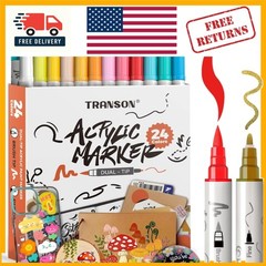 24 Metallic Acrylic Paint Markers – Paint Pens for Drawing, Brush + Fine Tips –