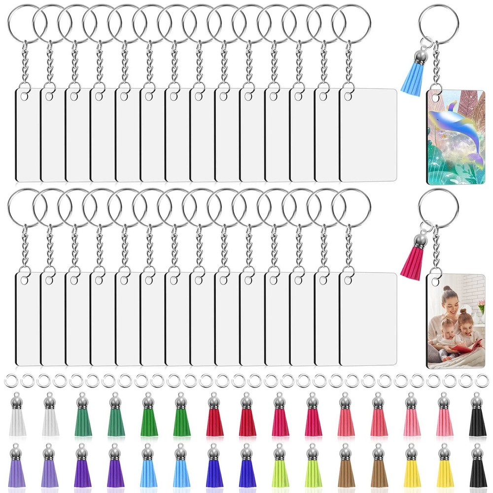 120-Piece Sublimation Keychain Blanks with Tassels Rings for DIY Crafting