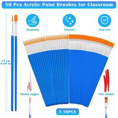 Small Paint Brushes Bulk, 50 Pcs Flat Tip Paint Brushes with Round Acrylic Pa…