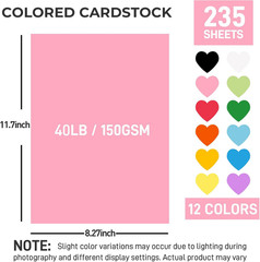 235Sheets 8.27″ X 11.7″ Construction Paper Assorted Colors, 12 Colored Cardstock