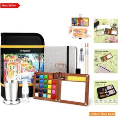 All-in-One 24 Colors Mini Watercolor Set with Essential Art Supplies for Travel