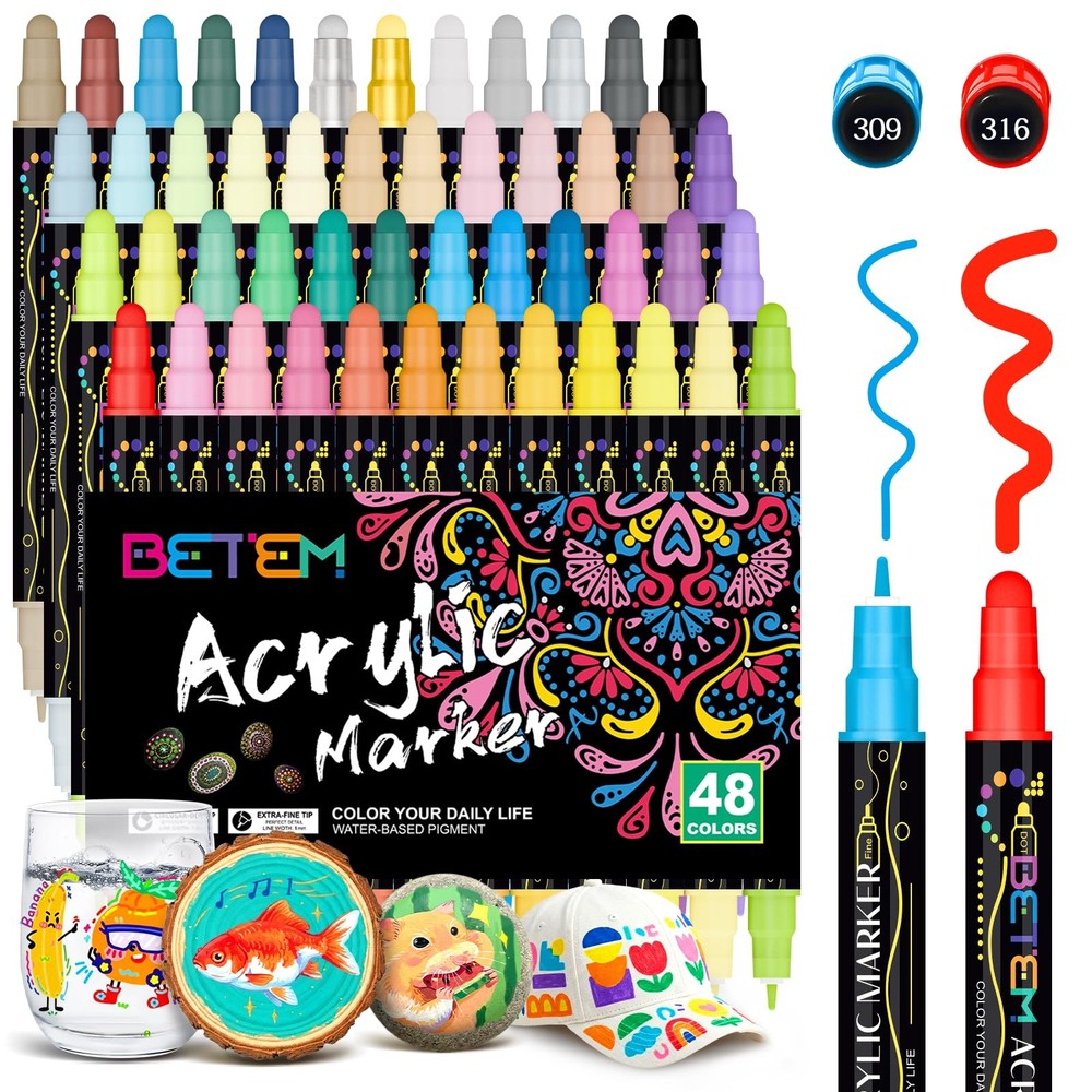 48 Colors Dual Tip Acrylic Paint Markers, Fabric Decorating Kits Premium Wate…