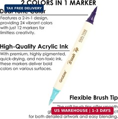 Grabie 24 Colors Acrylic Paint Markers, 12 Pack Dual Tip Soft Brush Acrylic Mark