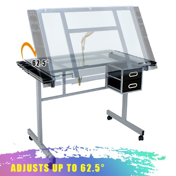 Adjustable Drafting Table Art Desk Drawing Table Glass Tabletop w/2 Slide Drawer