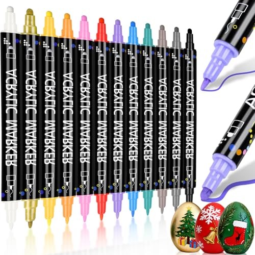 Dual Tip Acrylic Paint Pens Markers, Dot & Fine Tip Coloring Drawing 12 Colors
