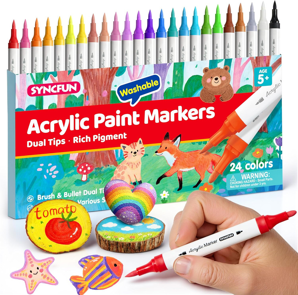 24 PCS Washable Acrylic Paint Markers, Dual Tip Acrylic Paint Pens for Paper, Wi