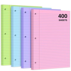 400 Sheets College Ruled Pastel Filler Paper Set, 8″x10.5″, 3-Hole Punched, Bind