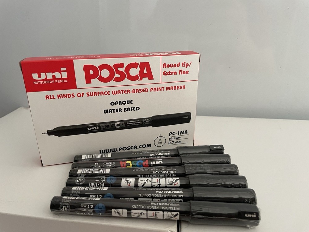 POSCA PC-1MR MARKER Color BLACK BOX OF 6 MARKERS ROUND TIP/ EXTRA FINE 0.7mm