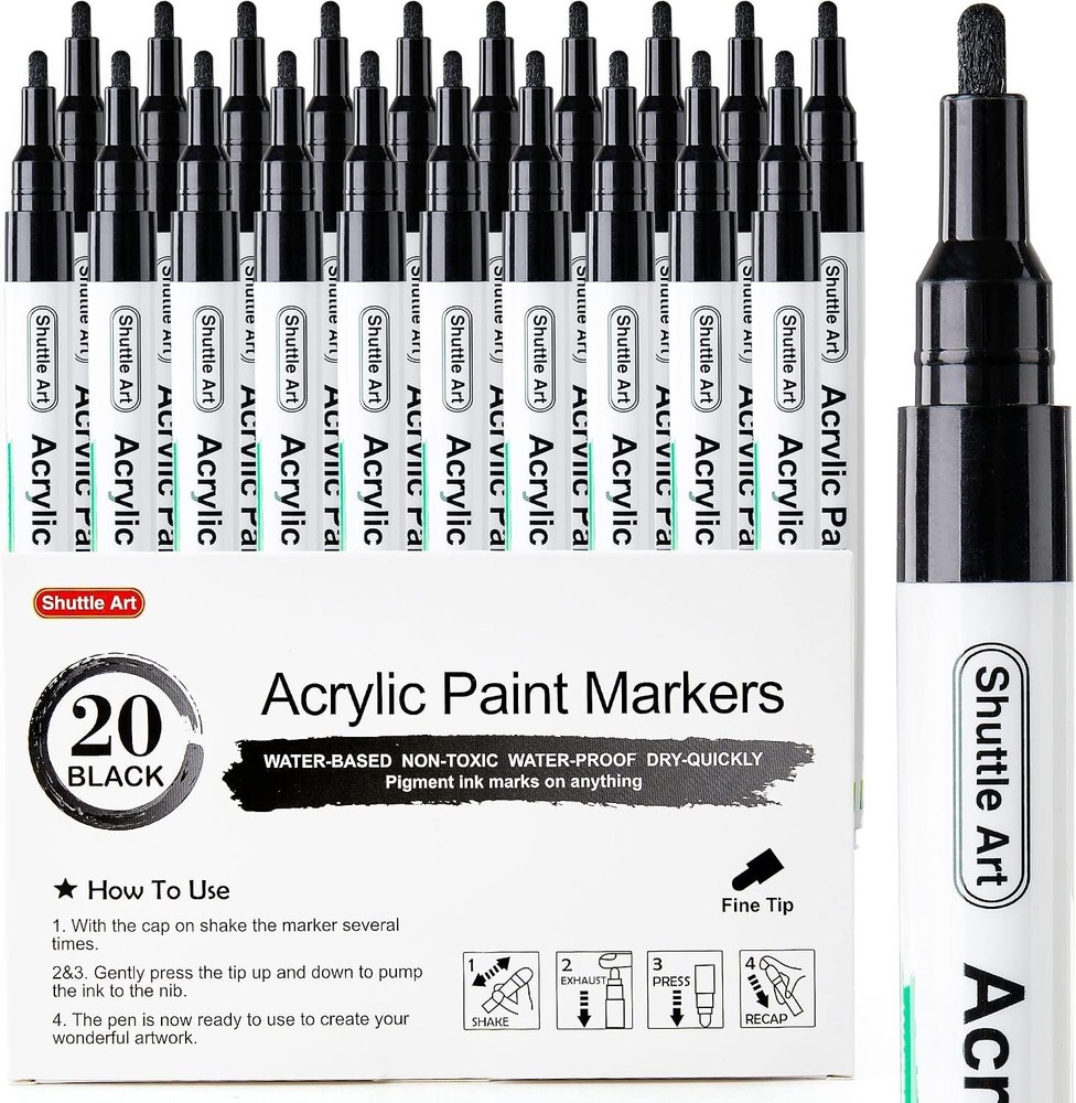20 Pack Black Fine Tip Acrylic Paint Pens, Water-Based Quick Dry Paint Marker…