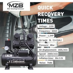 MZB 2.4 Gallon Ultra Quiet Air Compressor 110V/60Hz 1.2HP 5.65CFM, MZB-850H-9