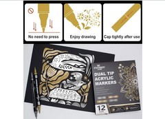 Acrylic Paint Pens 12 PCS – Metallic Gold Silver White Black, Dual Tip Markers