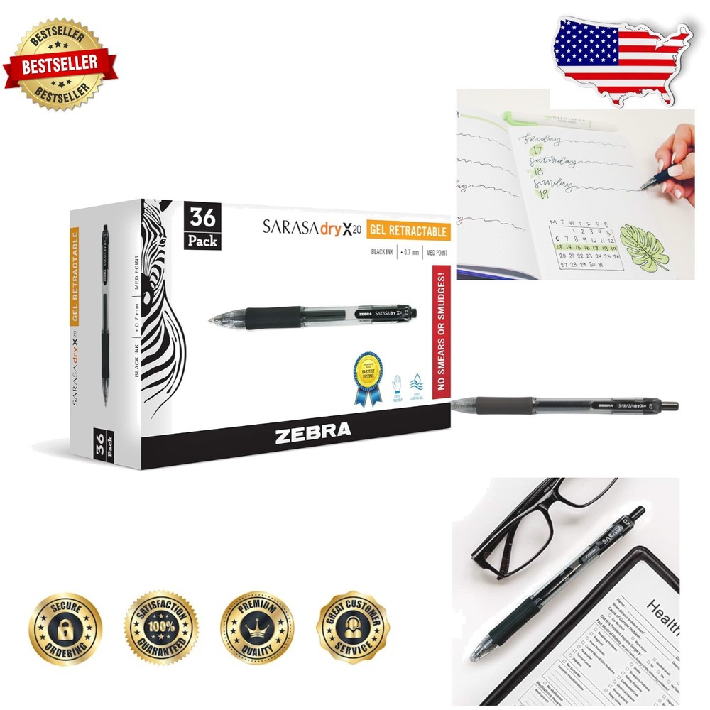 Black Gel Pens 0.7mm | Sarasa Dry X20 | Rapid Dry | 36 Count | Contoured Grip