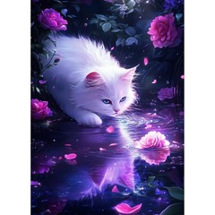 White Cat Diamond Painting Kits for Beginners Adults,5D DIY Reflection Diamond..