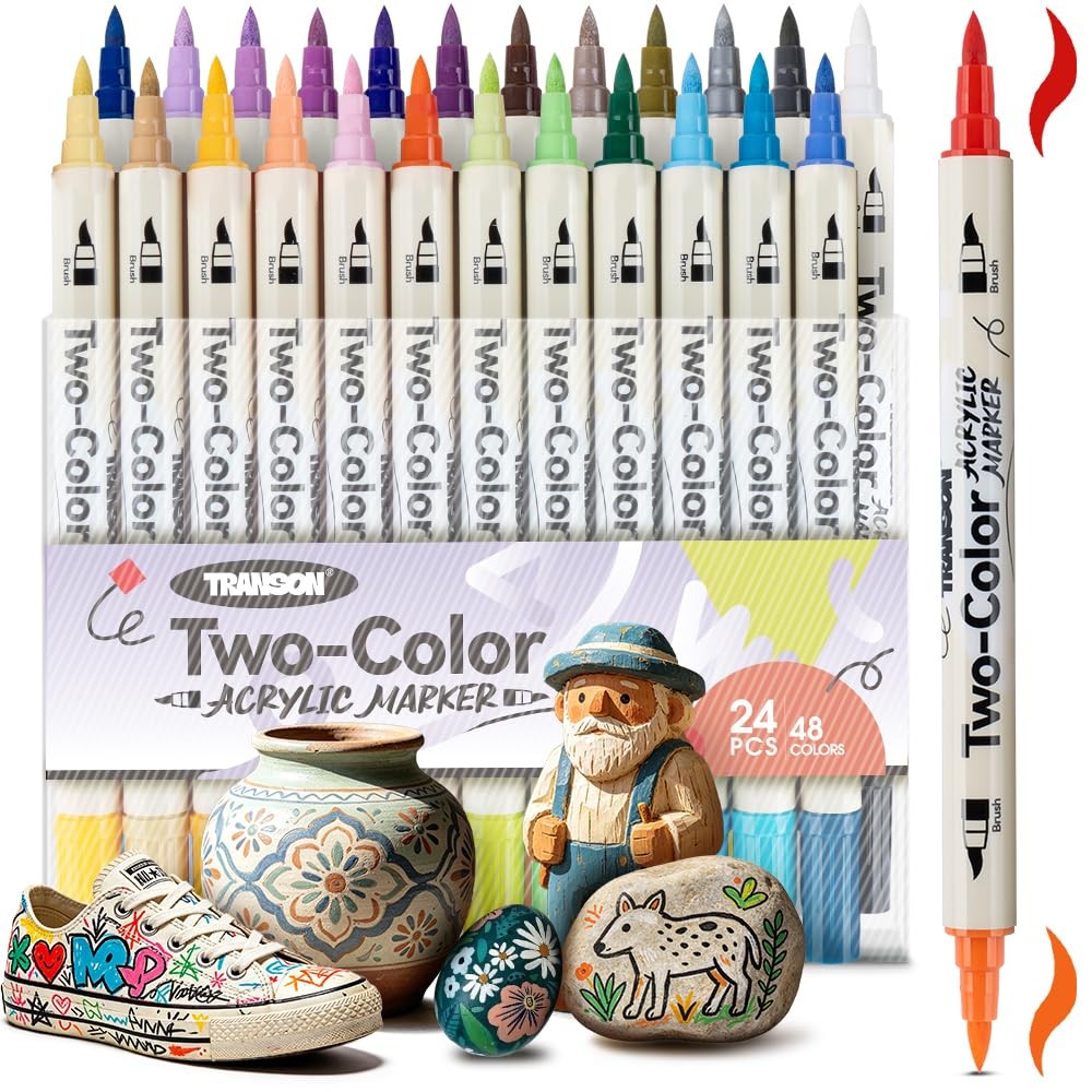 24 PCS Acrylic Paint Marker Set 48 Colors DualColor Brush Tip Pens Craft DIY