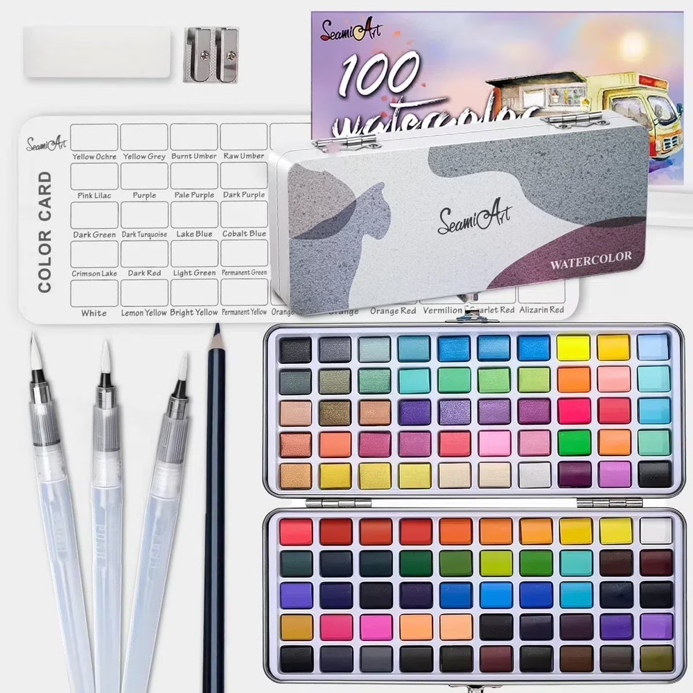 100-Color Watercolor Set, Metallic, Macaron & Fluorescent Paints, Case & Brushes