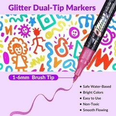 Glitter Brush Markers Pens,24 Colors Dual Tip Glitter Pens Set 12 Pack Metall…