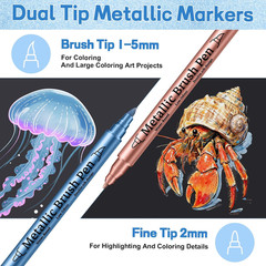 Prudiut 12 Pack Metallic Markers, Dual Tip Metallic Paint Pens, Water Based Acry