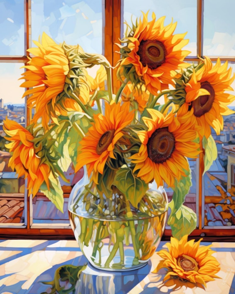 Sunflowers DIY Paint by Numbers for Adults Flowers in Glass Vase DIY Oil Paintin