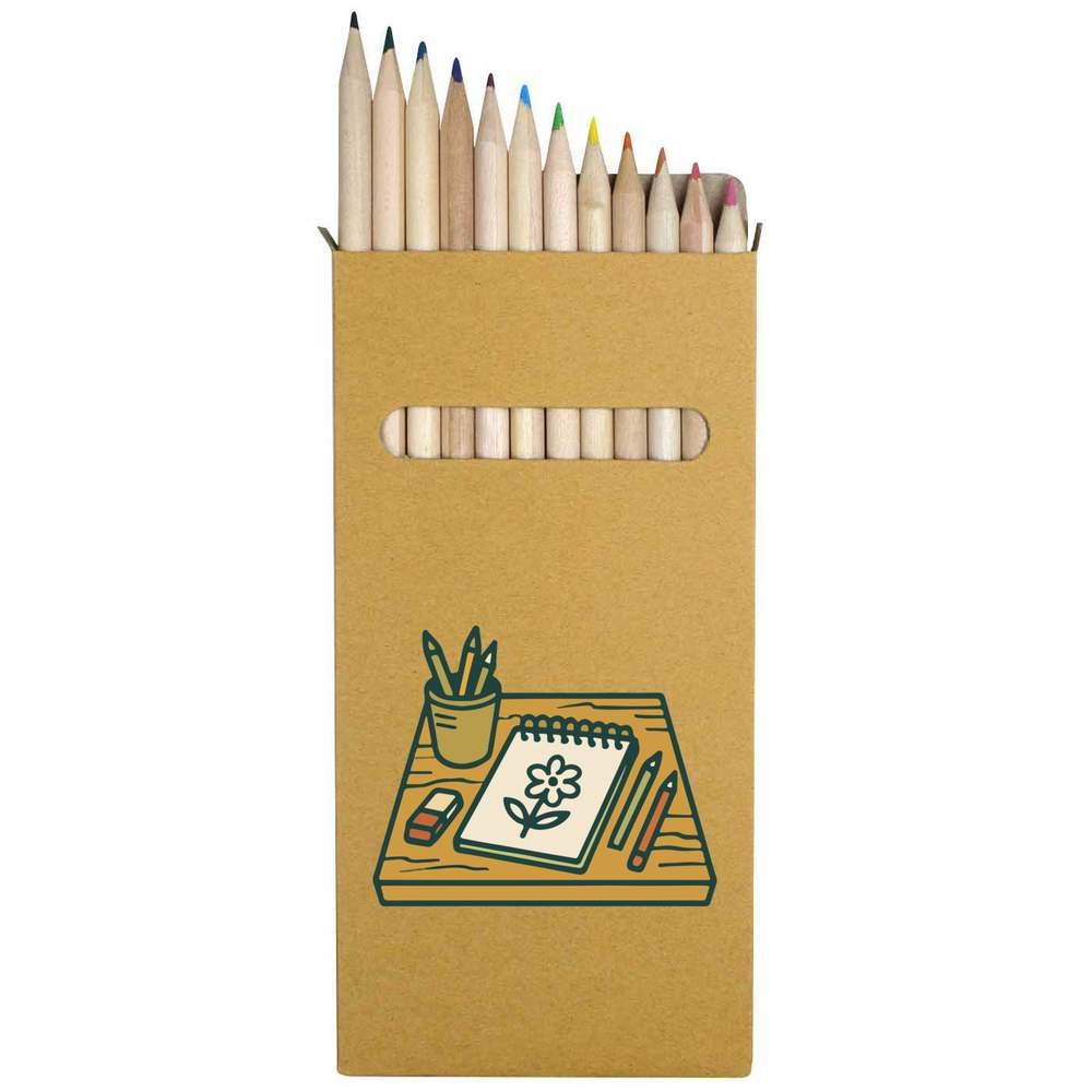 12 x ‘Drawing Desk With Sketchbook And Pencils’ Long Colour Pencils (PE00082625)