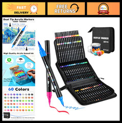 60 Colors Dual Tip Acrylic Paint Markers – Brush & Fine Tip Pens for Art Project