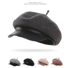Women PU Visor French Wool Beret Hats – Solid Color Classic Beanie Winter White