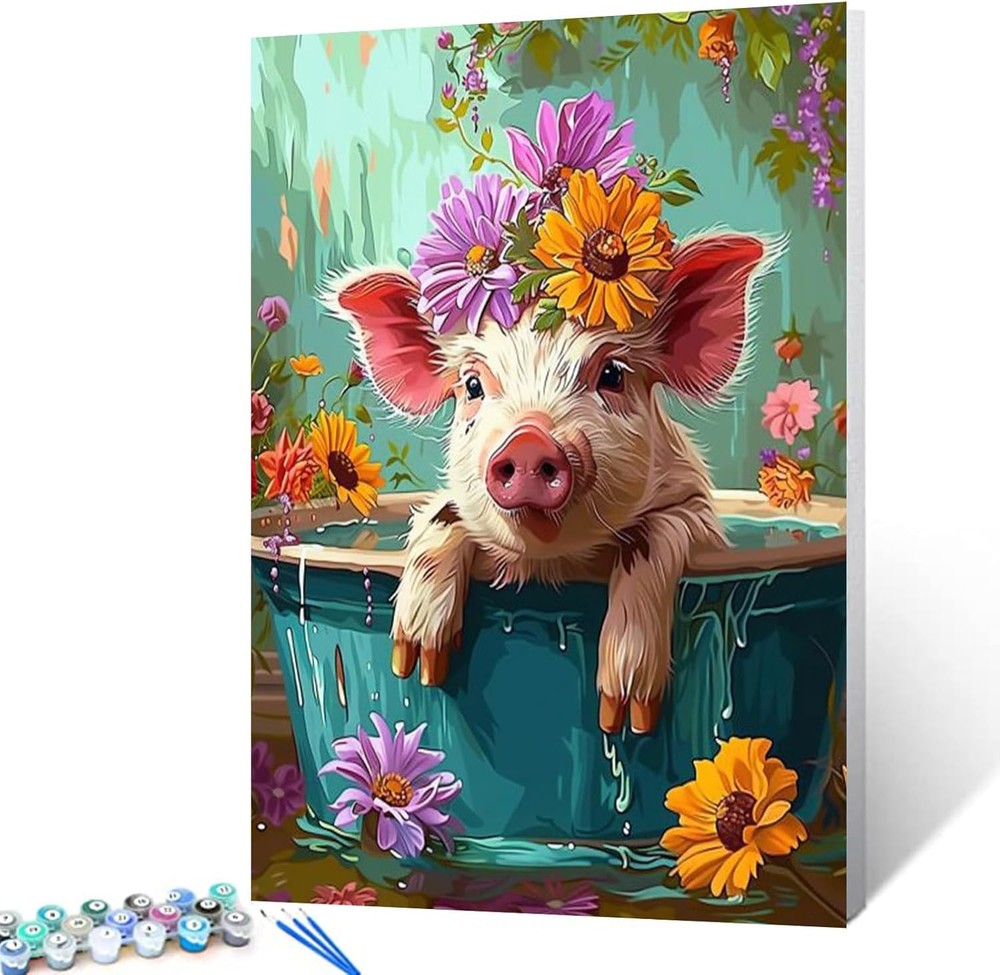 Cute Pig with Flower in a Bathtub Paint by Numbers Kits 16×20 inch Canvas Cute F