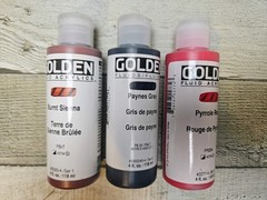 3 Golden Fluid Acrylic Paint 4 Oz Bottles~ Pyrrole Red Paynes Gray Burnt Sienna