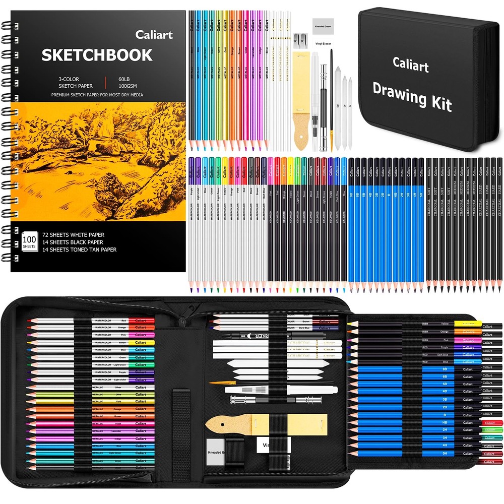Caliart 176PCS Art Supplies Sketching Kit with 1 Count (Pack of 176), Black
