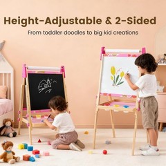 Kids Easel Set w/ Paper Roll Adjustable Wooden Double-Sided Magnetic Chalkboard