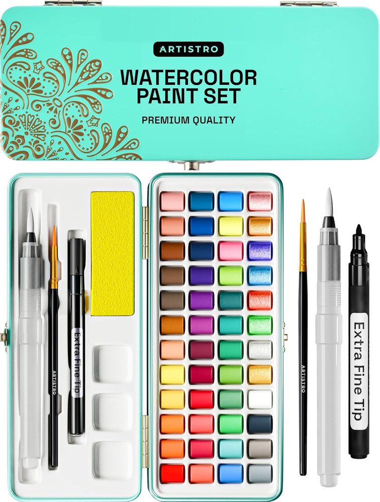 Watercolor Paint Set, Vivid Colors in Portable Box, Palette Set, Including Metal