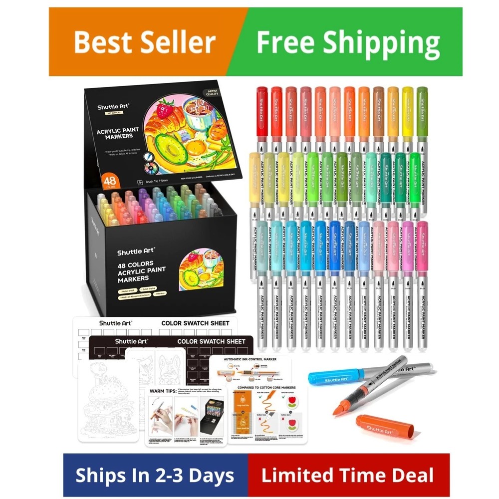 Automatic Ink Control Acrylic Paint Markers, 48 Colors Brush Tip Acrylic Pain…