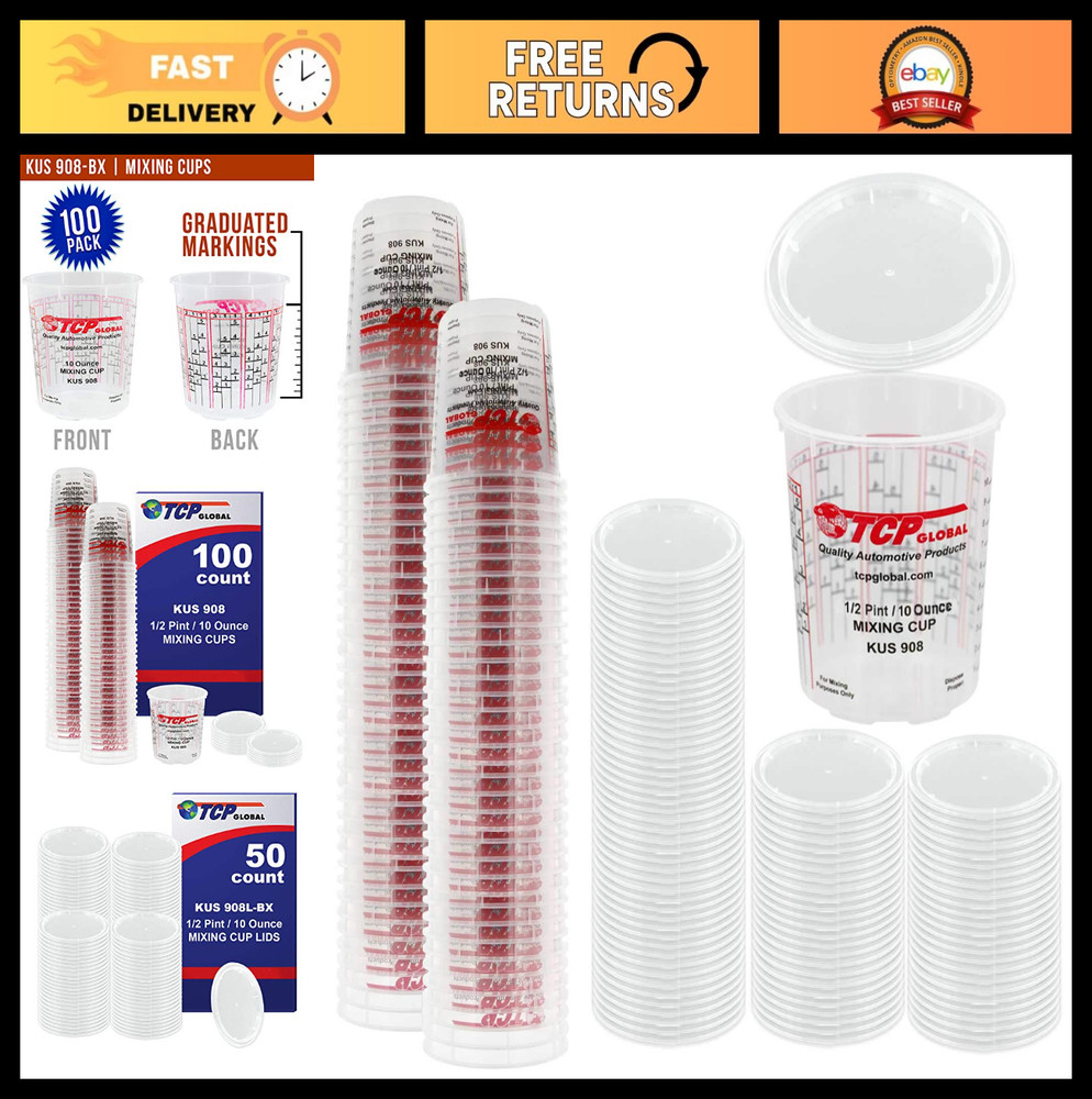 Full Case of 100 Paint Mixing Cups with 50 Lids – 10oz 1/2 Pint, Calibrated Rati