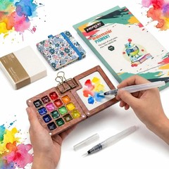 Mini Watercolor Travel Paint Set with 15 Grids Wooden Paint Palette, 24 Color