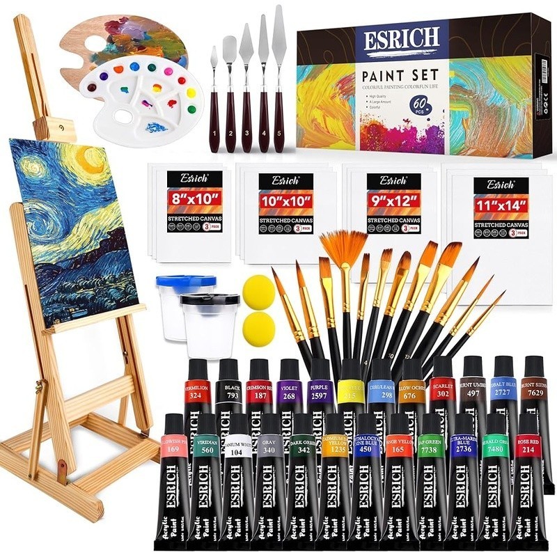 Acrylic Painting Set 60 PCS Complete Kit W/ Brushes Canvas Easel Gift Box New