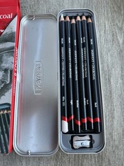 Derwent Charcoal Pencil Set 6 Piece Tin with Sharpener Artist Drawing Sketching
